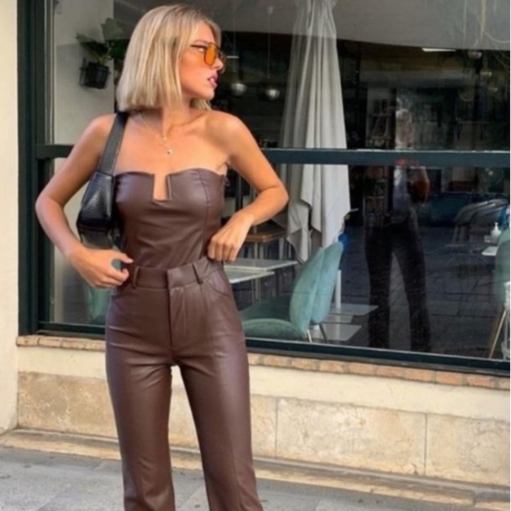 ZARA Brown Faux Leather Bodysuit Strapless Blogger Piece Size Medium BRAND NEW